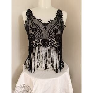 Babydoll Boho Black Crochet Tassel Lace Mesh Tank Top Sz S/M Beachy Blue Rain